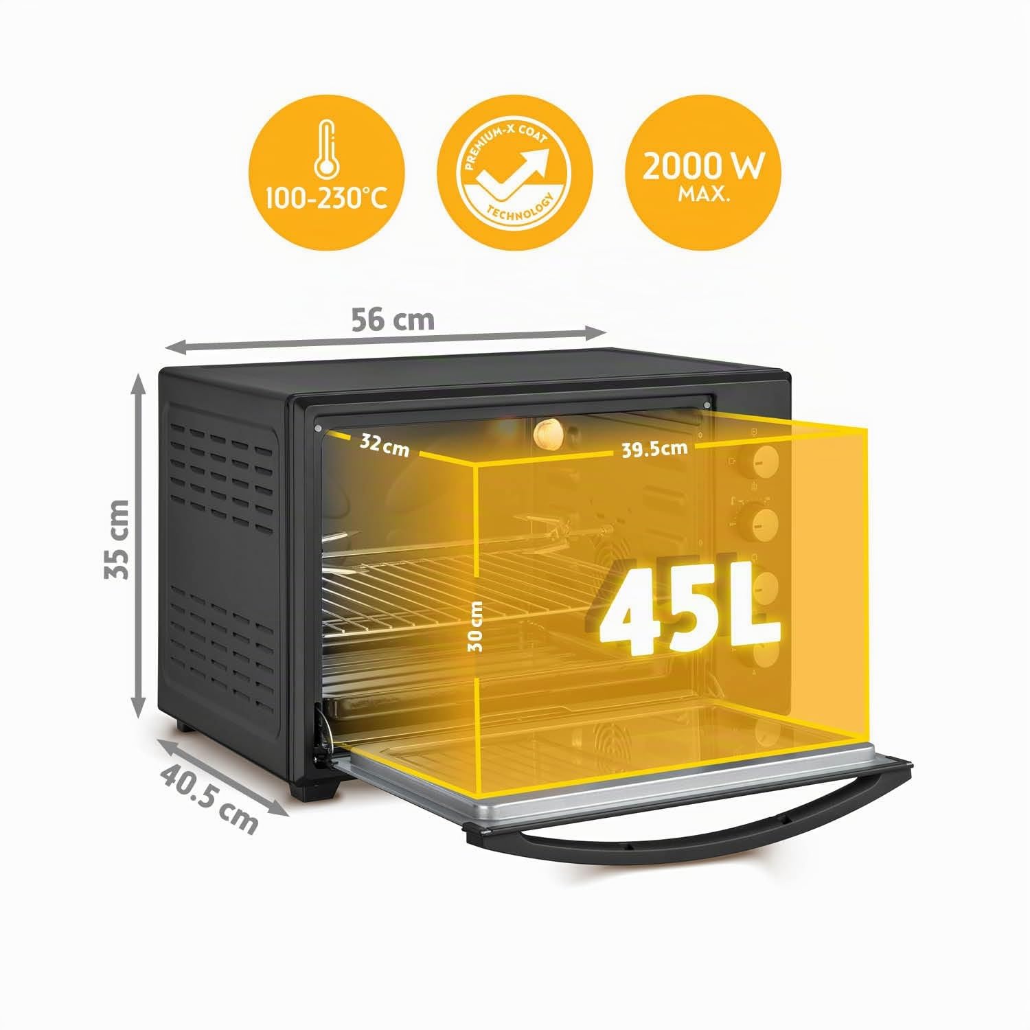 TZS First Austria - Mini Forno 45L 2000W - Fornetto per pizza con temperatura fino a 230°C e rivestimento antiaderente - Con timer di 60 min, 4 altezze di inserimento, teglia, griglia e spiedo rotante