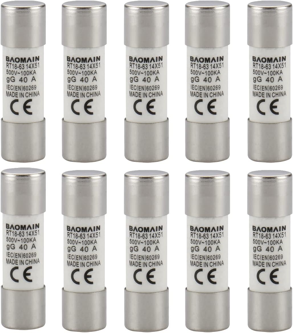 Baomain 10-Pack 40A Fuse Link, RT18-63 (RO16 RT14 RT19), Cylindrical Ceramic Tube 14x51mm 500V CE Listed