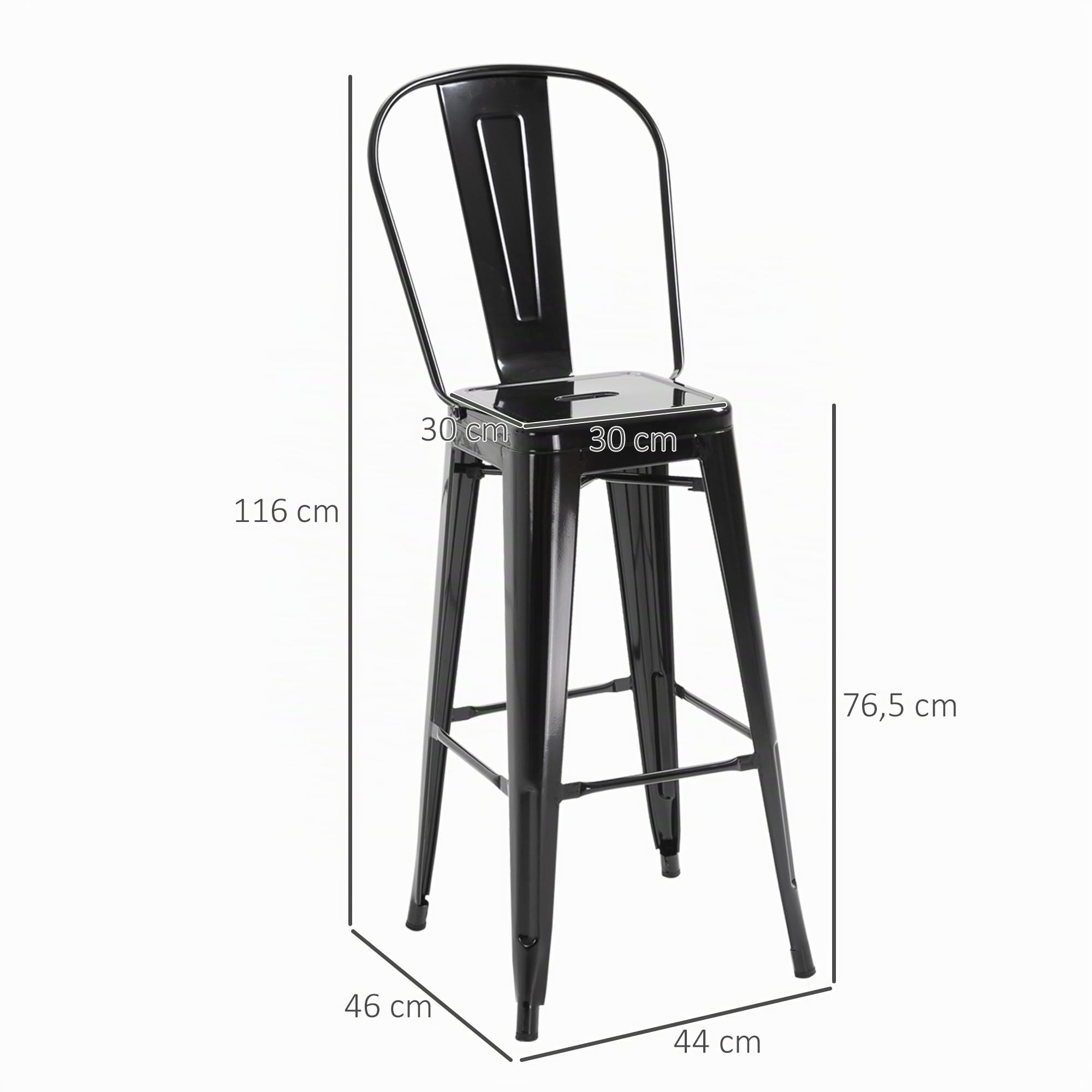 HOMCOM Juego de 4 Taburetes de Bar con Respaldo Alto 44x46x116 cm Negro | Silla de Comedor de Metal, con Reposapiés, para Comedor, Carga 120 kg