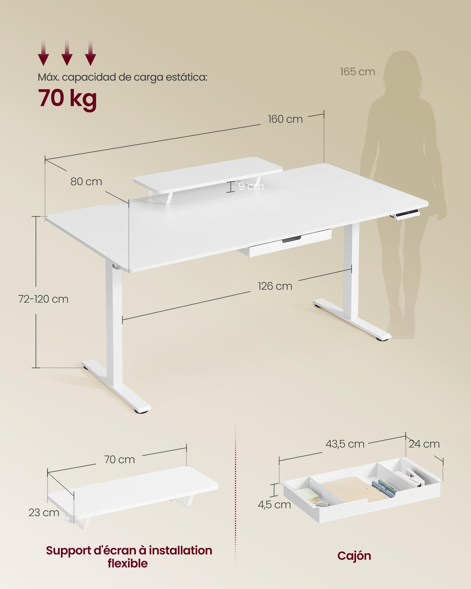 VASAGLE Escritorio Eléctrico Ajustable en Altura, 160 x 80 cm, para Trabajar de Pie, Soporte para Monitor, Cajón, Puerto USB-C, Recordatorio de Sedentarismo, para Oficina, Blanco Nube LSD156WB01