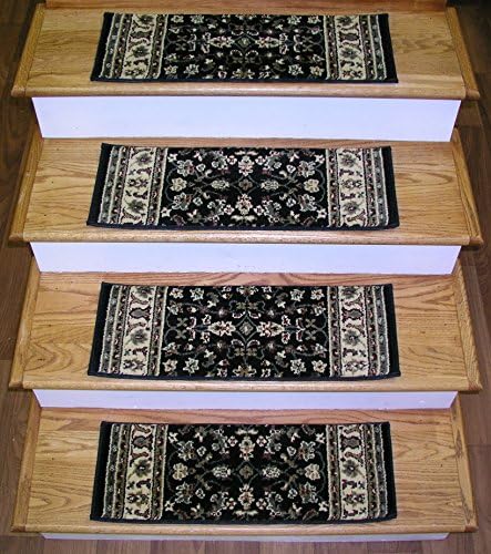 148709 - Rug Depot Traditional Oriental Non Slip Carpet Stair Treads - Set of 13 Treads 26" x 9" - Applied with Non-Slip Tabs - Black Background - 100% Olefin - Radici Castello 953 Black