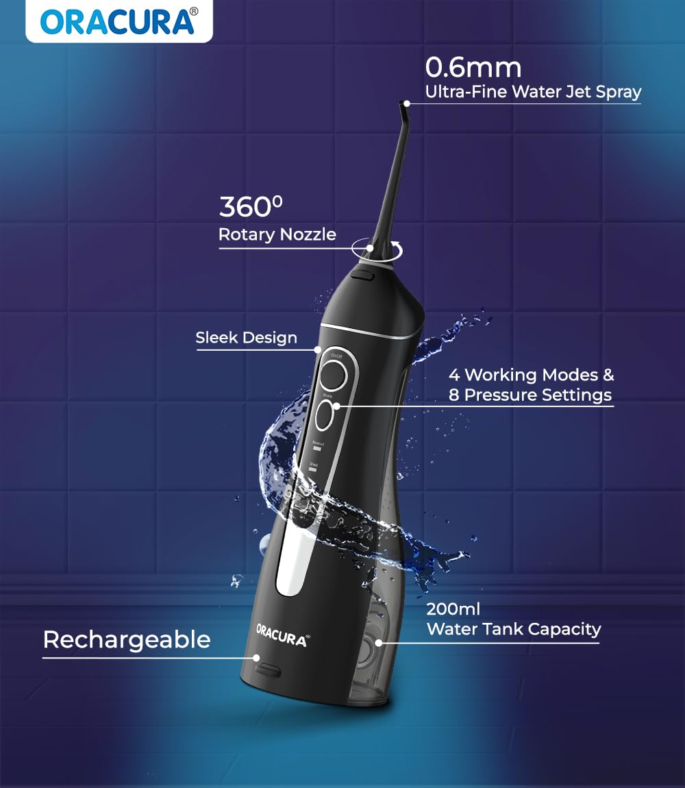 Oracura® Smart Plus Water Flosser® OC200 Light Black 2 Nozzle Tips | Portable and rechargeable | Custom 8 Water Pressure Settings | 200 ml water tank capacity | IPX7 Waterproof | 365 days warranty Oracura® Smart Plus Water Flosser® OC200 Light Black 2 Nozzle Tips | Portable and rechargeable | Custom 8 Water Pressure Settings | 200 ml water tank capacity | IPX7 Waterproof | 365 days warranty