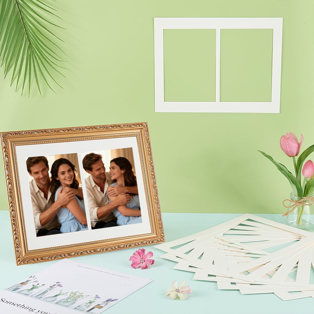 FINGERINSPIRE 10PCS Picture Mats for Frames with 2 Aperture Design Double Sides White Photo Frame Mats for 4x6inch Photo Protective Paper Backing for Home Office Gallery Decoration Artwork Display