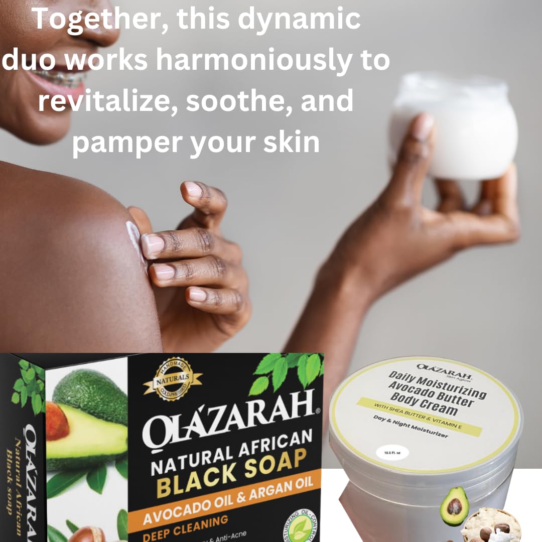 OLAZARAH Avocado Butter Body Cream w/Shea Butter + Natural African Black Soap Infused with Avocado & Argan Oil for Revitalizing Skin Nourishment Bundle, for all skin types, 12 oz