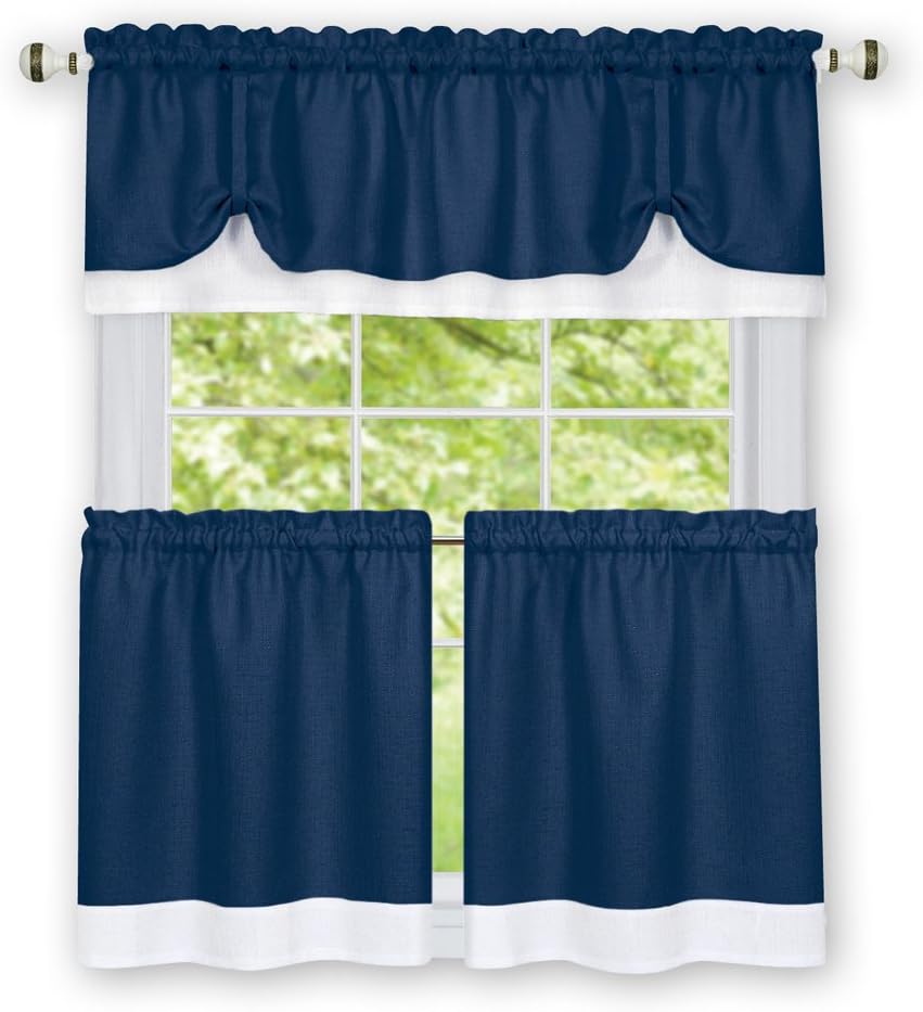 Collections Etc Darcy Two-Tone Rod Pocket Café Curtain Tiers - 2 Piece Set, Navy, 58" X 36"