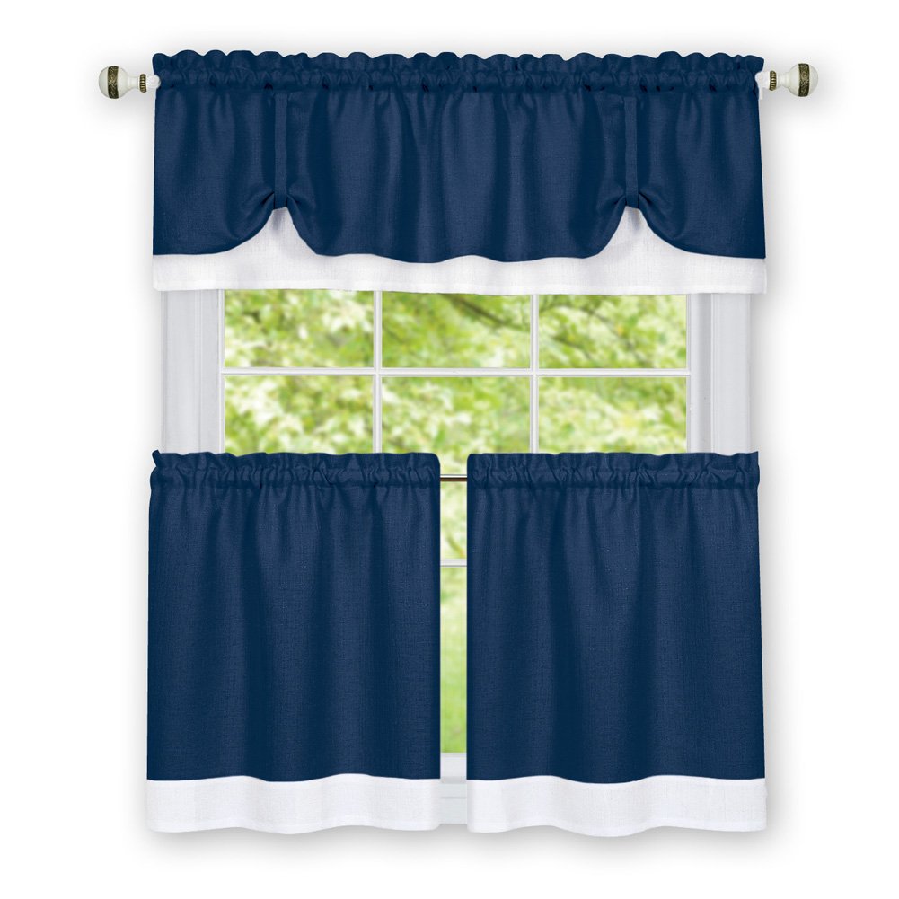 Collections Etc Darcy Two-Tone Rod Pocket Café Curtain Tiers - 2 Piece Set, Navy, 58