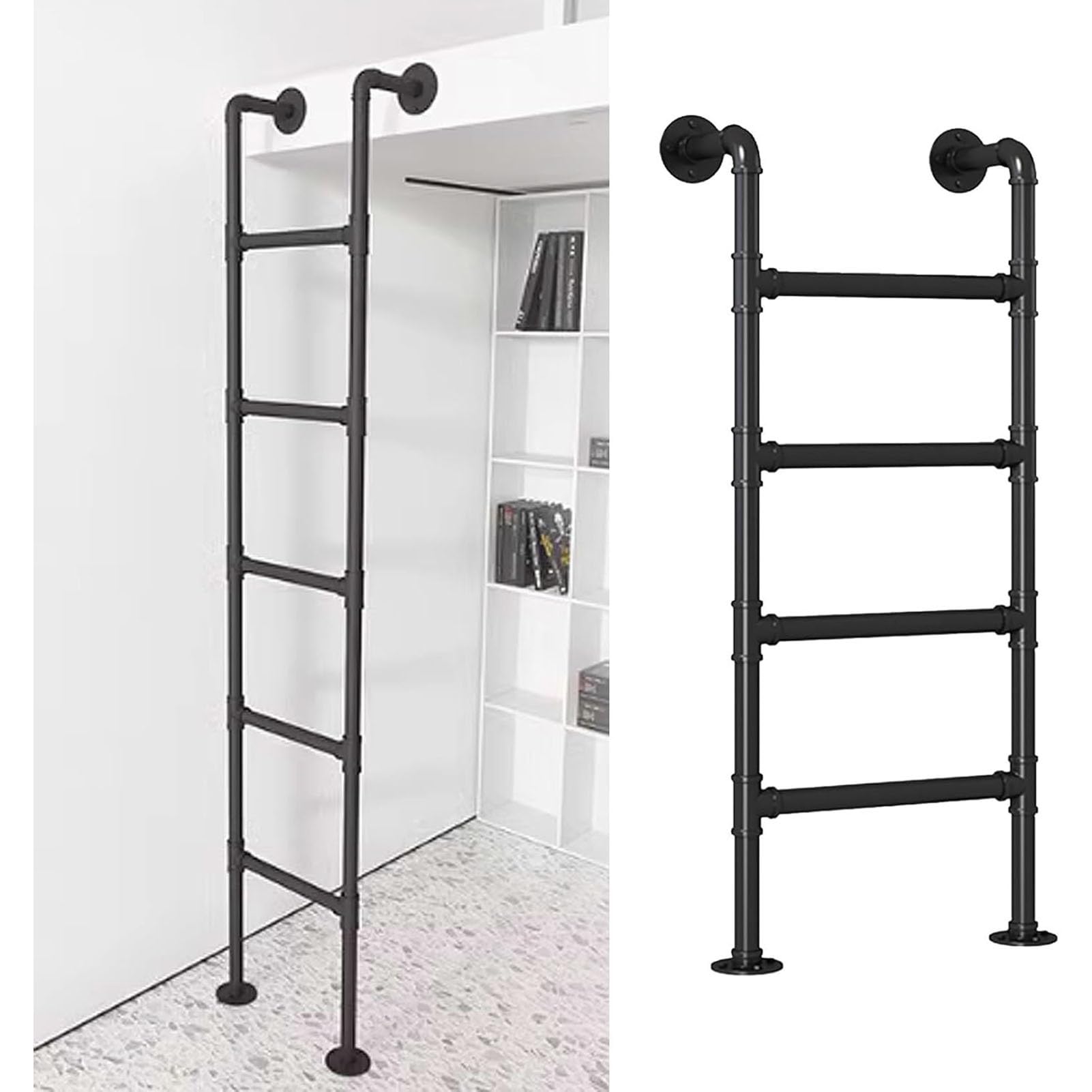 Wall Mounted LadderFloor Standing Loft Bunk Bed Ladder, Heavy Duty Attic Stairs Basement Egress Ladders Black Wrought Iron Emergency Fire Climbing Ladder - Tall Bed Climb Step Ladd