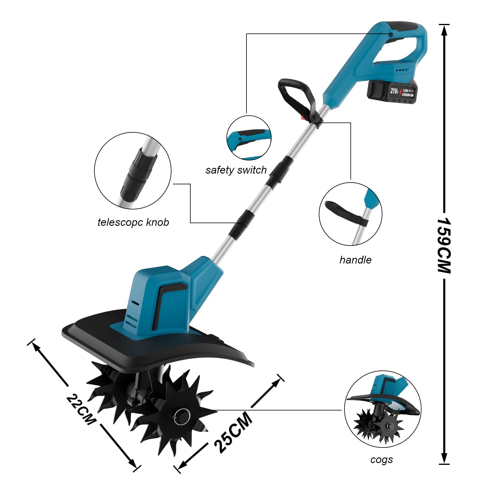 Motoazada Bateria, Motoazada Electrica con 2 Baterías 4.0Ah, 550W Motor Brushless, Ancho 20cm Profundidad 15cm, Motoazada Bateria con Mango Desmontable para Jardín, Huerto y Labranza del Suelo
