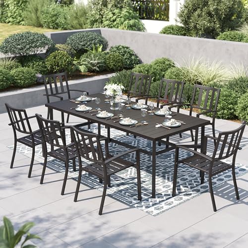 Image of PHI VILLA 9 Pcs Outdoor Dining Set, 83 inch Rectangular Metal Table, Black | Metal Table with Umbrella Hole & Stackable Black Wrought Iron Chairs,Patio Furniture Set for Patio, Deck, Yard, Porch