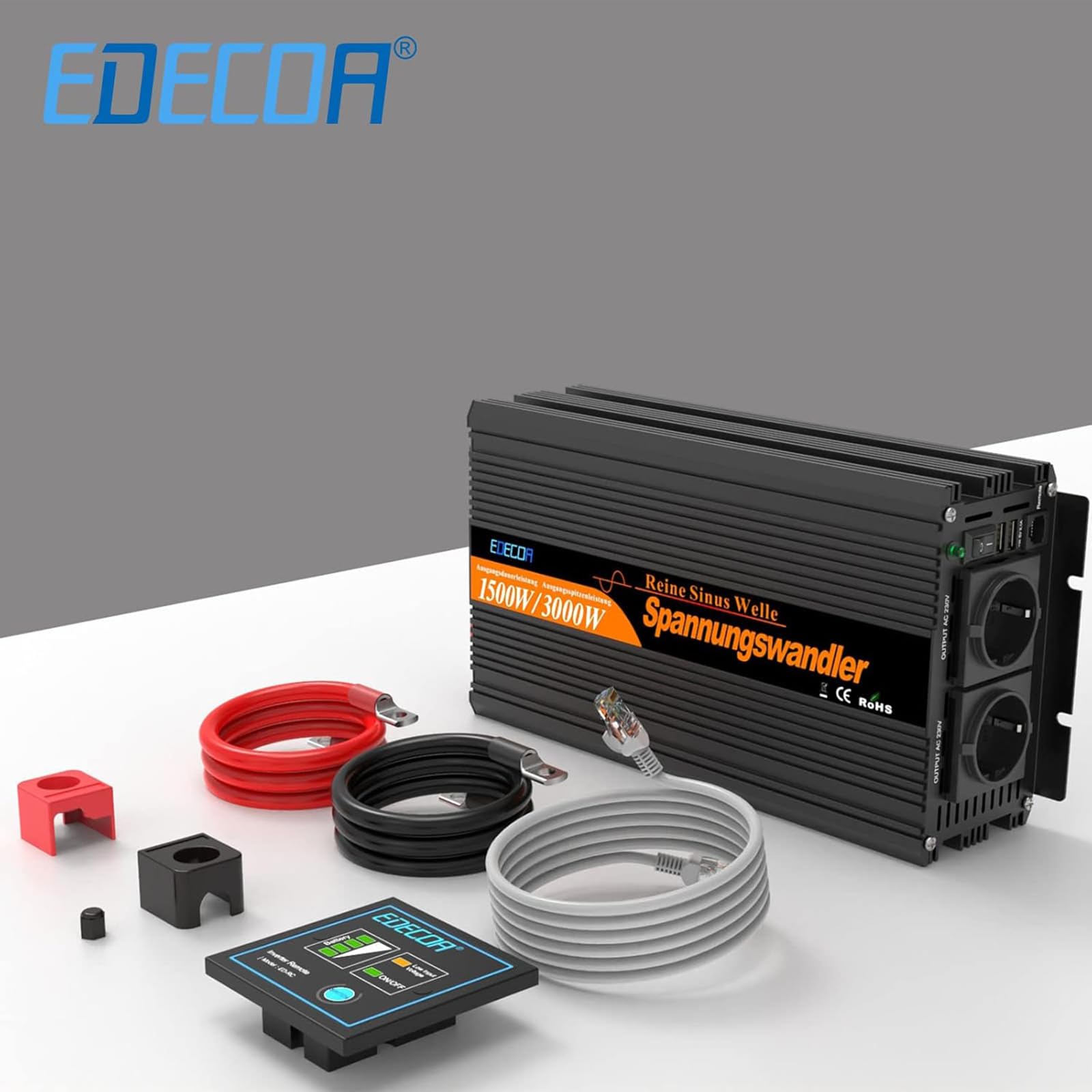 EDECOA Inversor 12v 220v Onda Pura Convertidor de Corriente 1500w con 2 USB Mando a Distancia Transformador 12v 230v y Pico momentaneo 3000w (3a generacion)