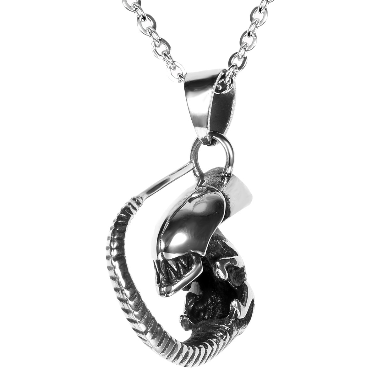 Flongo Men's Gothic Stainless Steel Silver Black Ghost Alien Pendant Necklace, 22 inch Chain