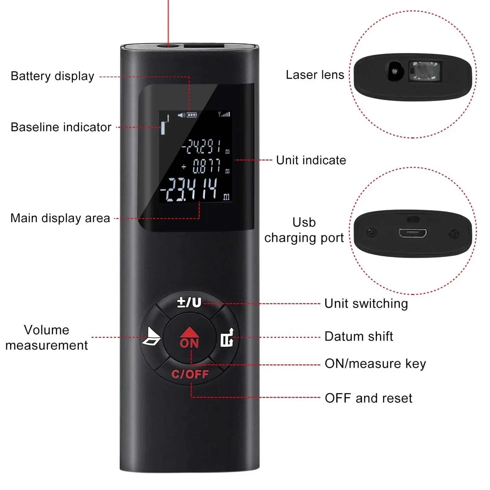 40M/60M Mini Smart Laser Distance Meter Measure Infrared Rangefinder USB Rechargeable Handheld Portable Laser Range Finder Tools(40m)