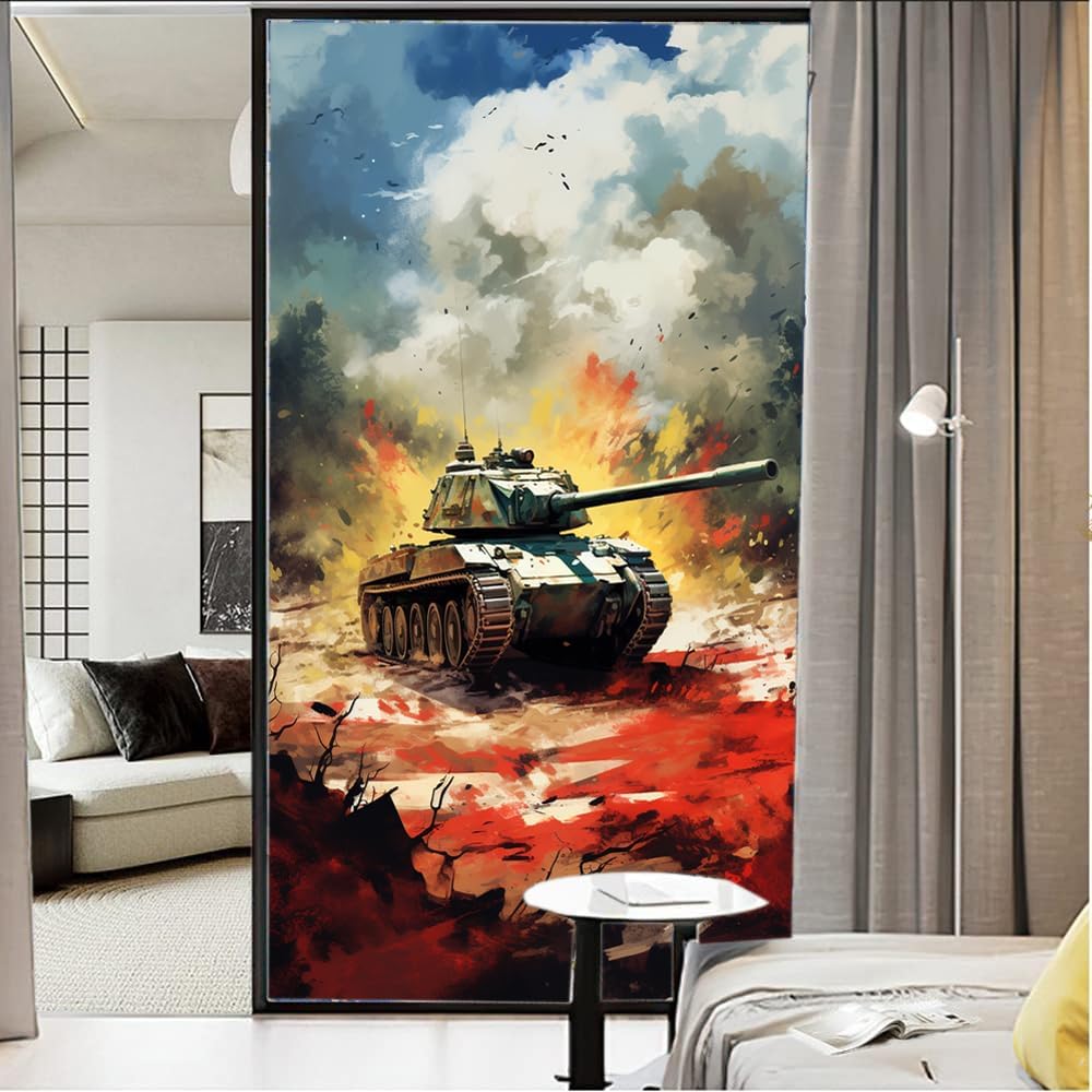 Tank War Stained Glass Window Film Sunset Red Clouds American Style Privacy Window Film Glass Door Covering Non-Adhesive Window Stickers for Bathroom Kitchen 35.4Wx63L