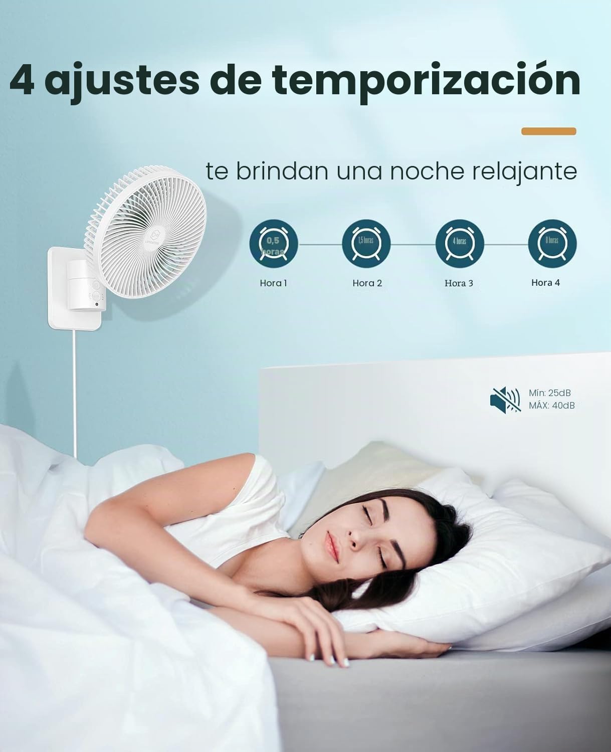 Ventilador oscilante montado en la pared de 8 pulgadas con control remoto, temporizador y ajustes de 4 velocidades, inclinación ajustable, cable de 70 pulgadas ultra silencioso, potente, 7 cuchillas,