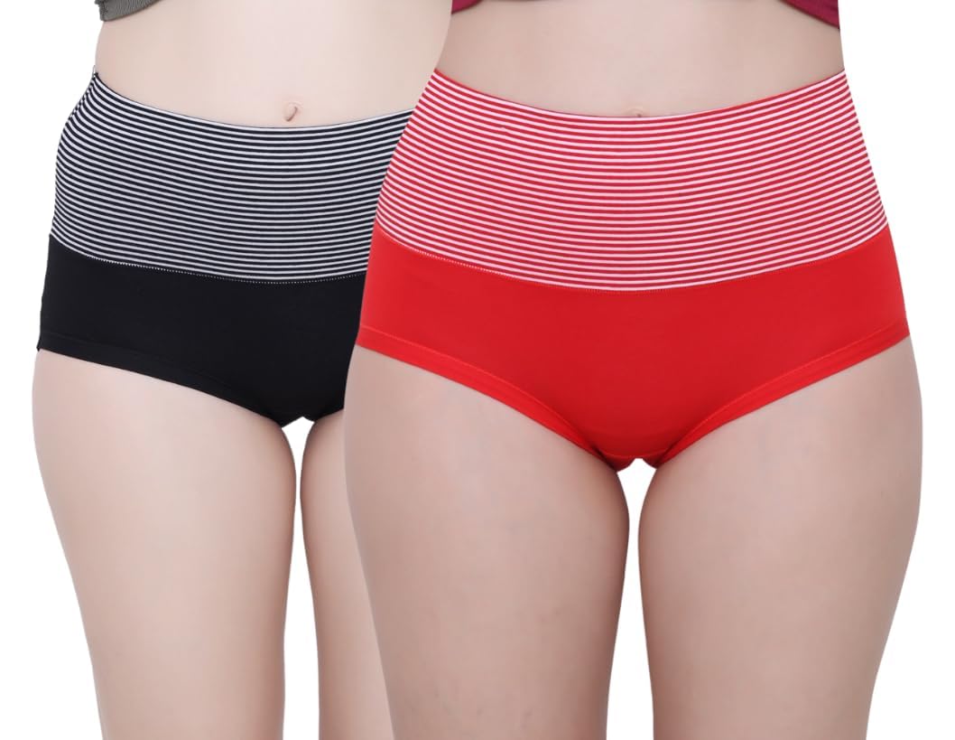 glamoras Women’s Cotton High Wasit Underwear Full Coverage Brief Panty | Ladies Soft, Comfortable, Breathable Underpants Briefs Panties | Size: M - XXL- Black Red L-picture-30