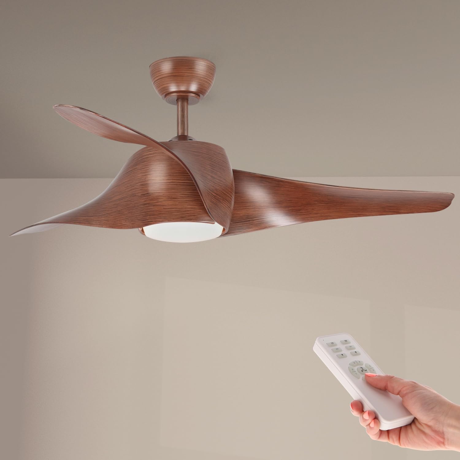 M Ledme - Fanton Wood LED Ceiling Fan, 58 W, Remote Control, Energy Saving, DC Motor 40 W + 18 W LED Light, 8 Speeds, Silent, 3 Blades, Winter-Summer, Timer, LM8081