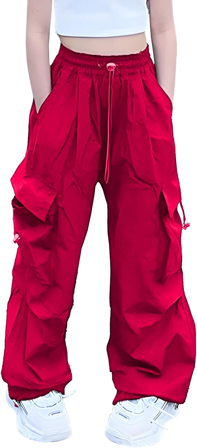 AOWKULAE Girls Cargo Pants Elastic Waist Drawstring Parachute Pants with Pockets, 5-14 Years