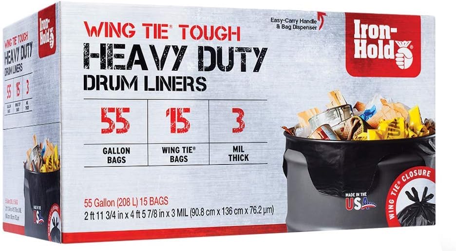 Contractor Trash Bags – 55 Gallon, 15 Bags, Wing Tie Closure, 3 MIL Thick, Gusseted Bottom, Black – Heavy Duty Industrial Strength Garbage Bags