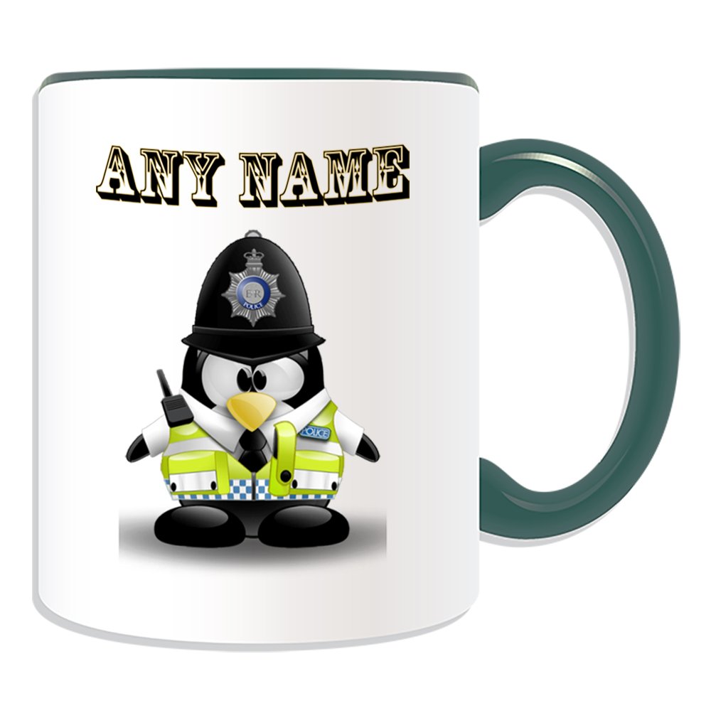 Unigift Green Personalised Gift - British Police Constable Mug (Penguin In Costume Design Theme, Colour Options) - Any Name / Message On Your Unique - Uk Policeman Pc Sergeant Inspector Traffic Officer Pc Sgt Insp Cid Helmet