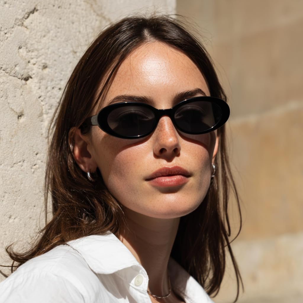 Liora Olivia - Gafas de sol ovaladas, montura delgada de acetato, tonos minimalistas retro de los años 90 para mujer, protección UV400 y funda premium