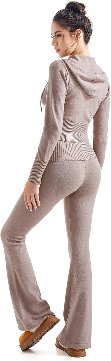 SUUKSESS Women 2 Piece Knit Sets Cropped Zip Up Hoodie Foldover Flare Leg Pants - Image 3