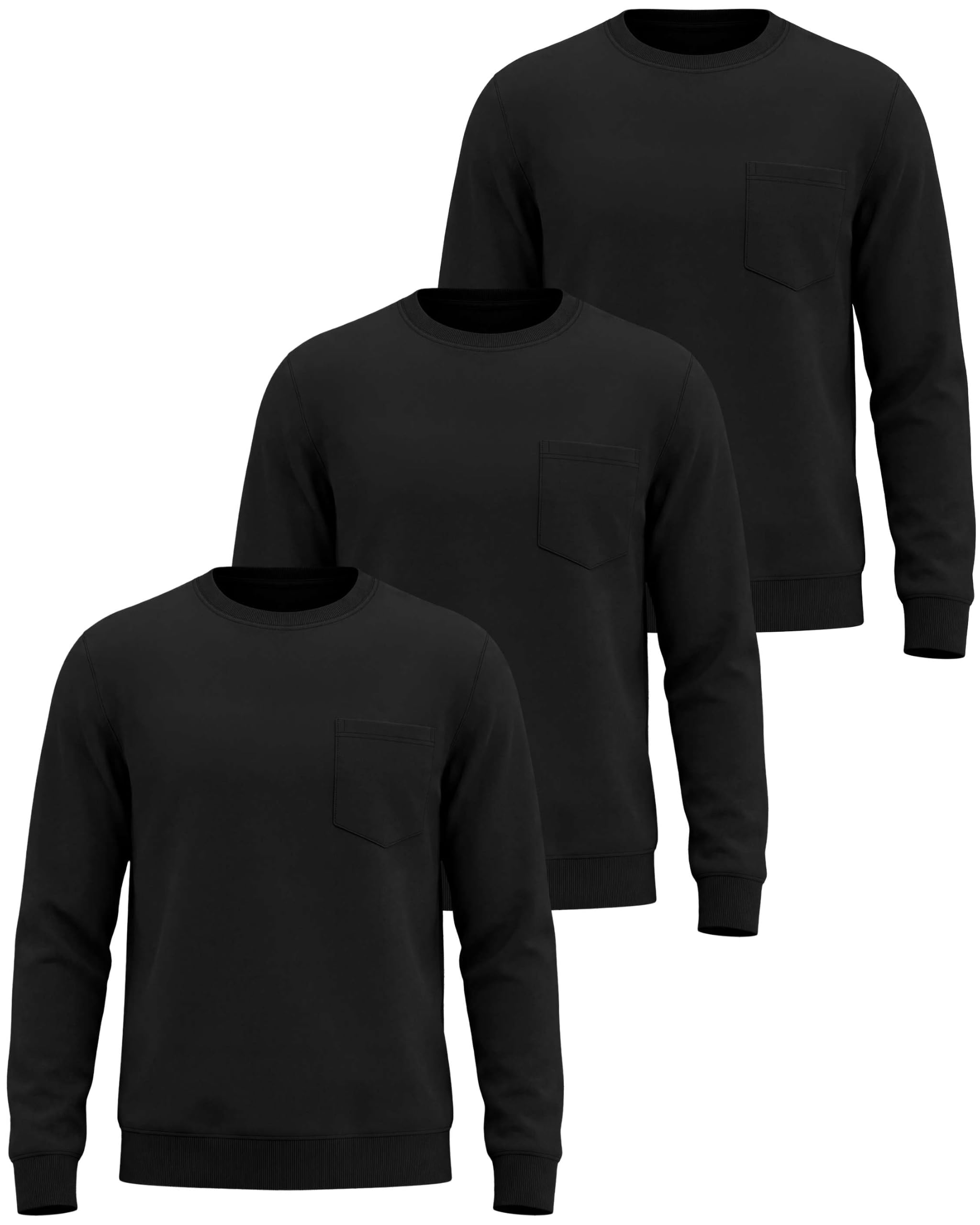 3 Pack Mens Fleece Pocket Sweatshirt Pullover Long Sleeve Shirts Sweater | Sizes S-3XL, Crewneck, Fall Winter Clothes, Casual Business Work Dress, Warm Soft Cozy Layering Tops