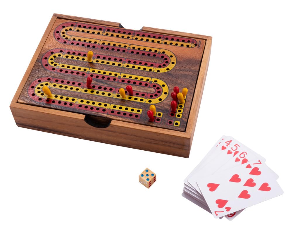 Engelhart -350290- Wooden cribbage in a box with cards - board game for 2 or more players aged 8 plus - 16.7 x 22.2 x 4.3 cm