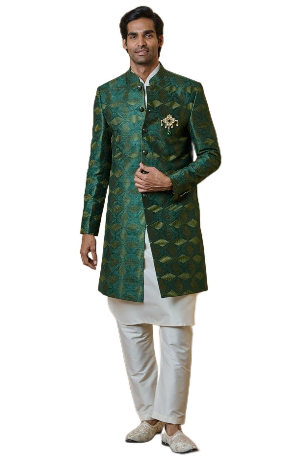 Dark Green All Over Embroidered Indo Western For Men-image-40