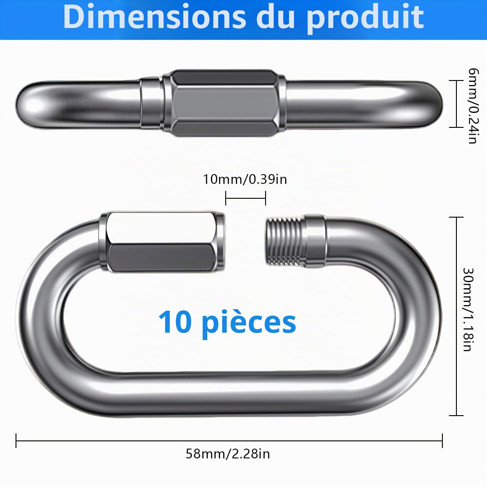 Maillon Rapide INOX M6, Mousqueton à Vis Inoxydable 304 pour Camping Randonnée