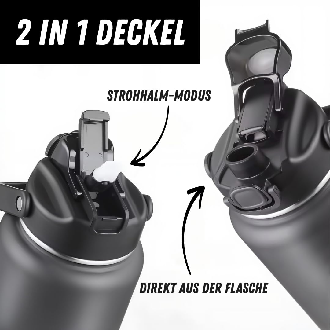 Bouteille isotherme, 2 en 1, 2 en 1, avec paille, 100 % lave-vaisselle, froid glacé 24 h, chaud 12 h, gourde isotherme de 2 l, en acier inoxydable, sans BPA et anti-fuite, gris polaire