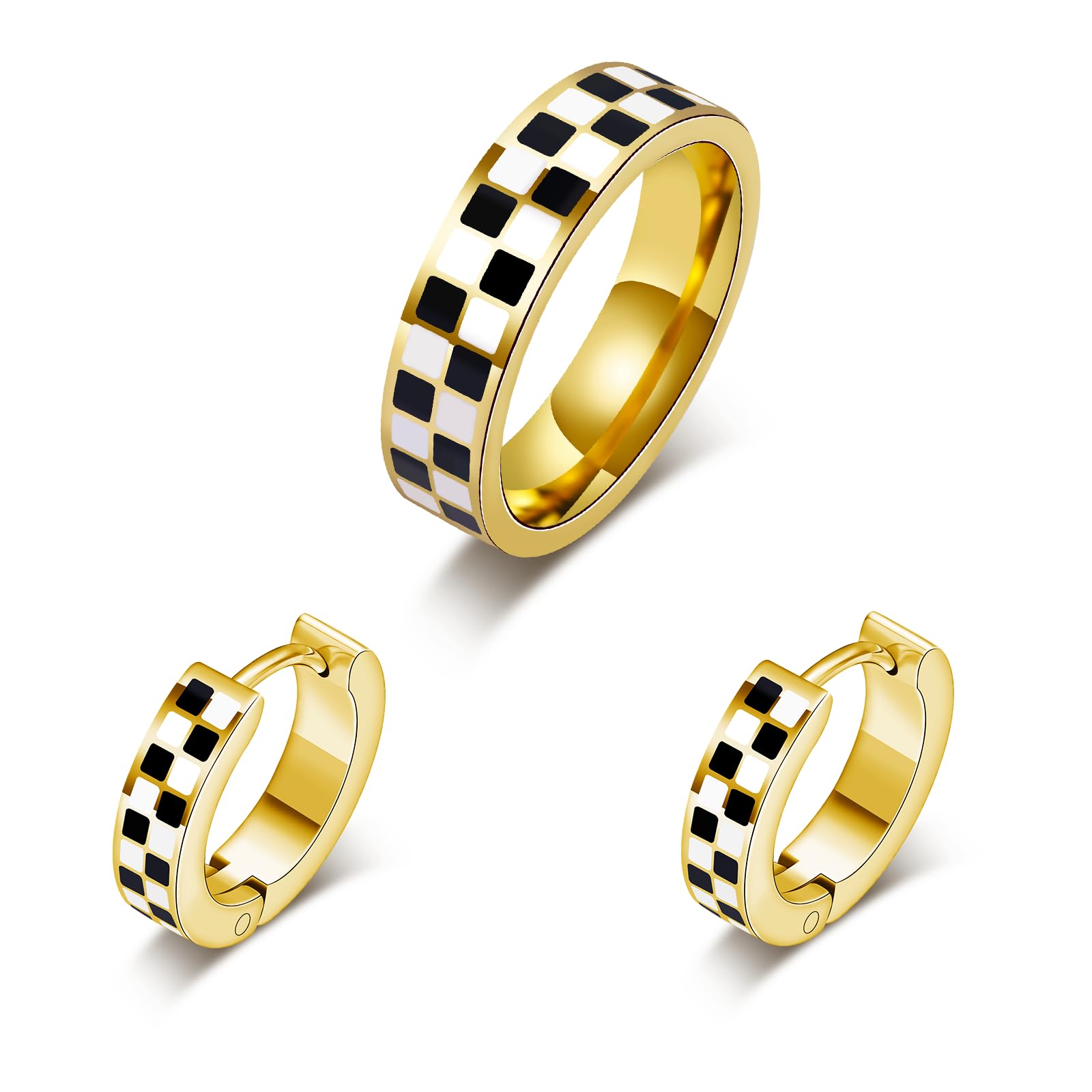 Checkered Jewelry Set for Women - 18K Gold Plated Stainless Steel Checkerboard Ring & Black and White Checkered Hypoallergenic Chunky Huggie Hoop