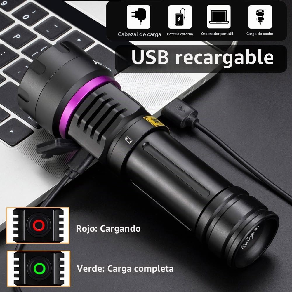 Alonefire SV115 Linterna UV 30W 365nm Profesional Recargable USB C Potente Luz Negra Detector de Orina para Resina, Pesca, Escorpión, Minerales, Pegamento, Ámbar con Gafas Protectoras UV, Batería