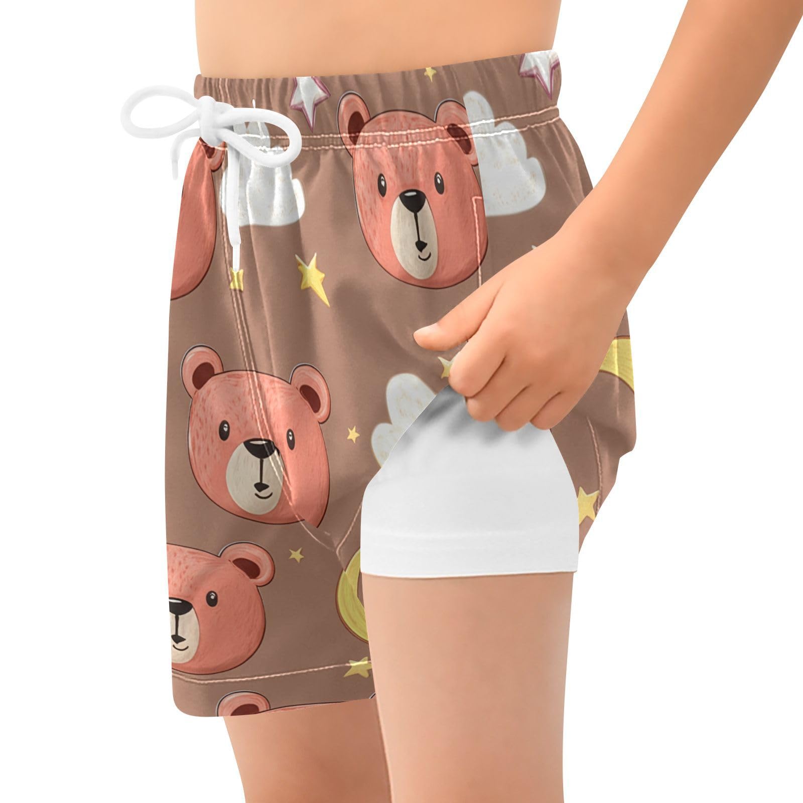 YANENDIE Boy Swim Trunks with Compression Liner Bear Faces Boys Swim Shorts Quick Dry Beach Shorts