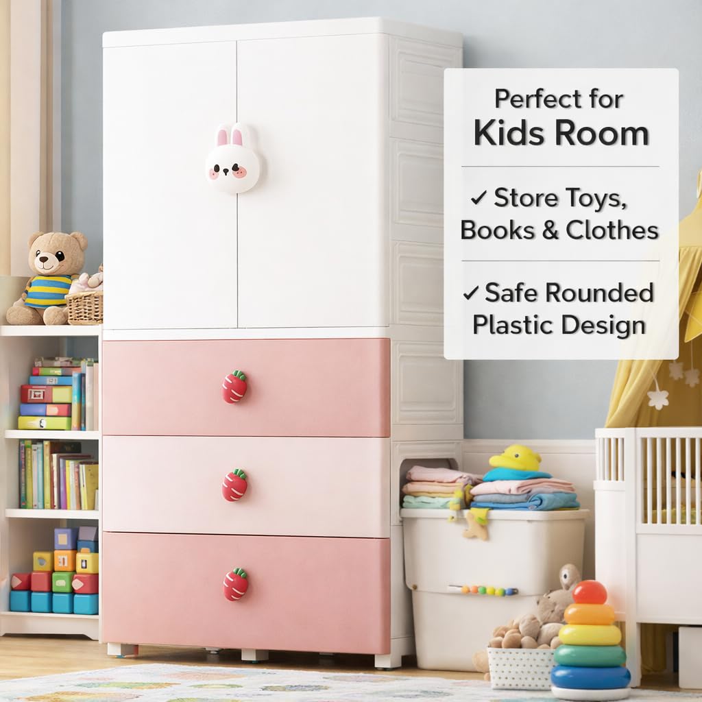 AYSIS Kids Plastic Collapsible Wardrobe Organizer for Storage with Drawers | Cute Cartoon Design | Heavy Duty Cloth Organizer for Storage | Easy to Assemble | Perfect for Kids Room & Home | Pink 2