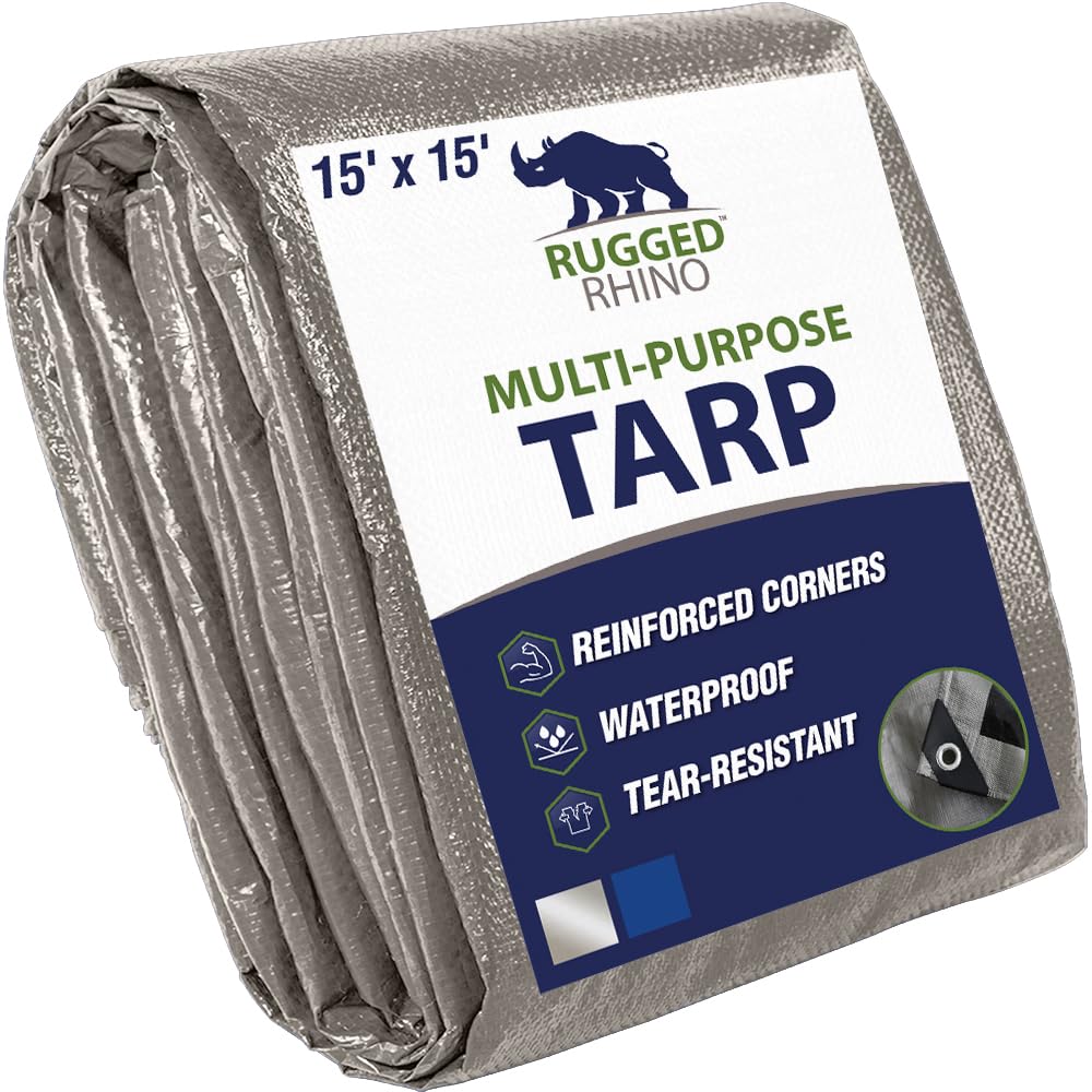 RUGGED RHINO Heavy Duty Waterproof Tarp, 15x15, UV and Tear