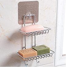 TORMUND Self Adhesive Stainless Steel Waterproof Kitchen Bathroom Soap Storage Rack with Hook Wall Mounting Double Layer Soap Dish Holder & Dispenser No Drilling Silver Pack of 1