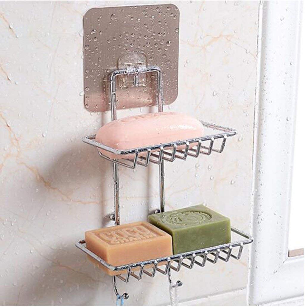 DYRROTH Wall Mounting Double Layer Soap Dish Holder & Dispenser, Self Adhesive Stainless Steel Waterproof Kitchen Bathroom Soap Storage Rack with Hook for Home
