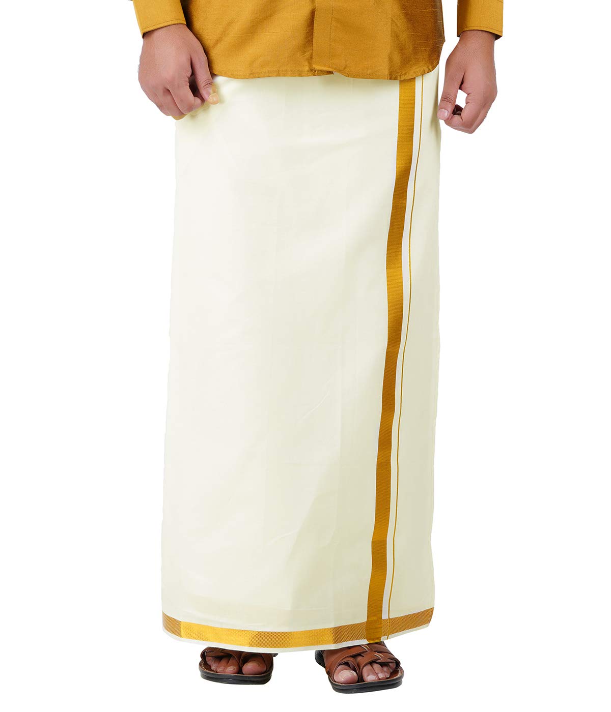 Prakasam Cotton Mens Ss Gold Jari Border Flexi Size Welcro Pocket Dhoti (Medium, Off-White)