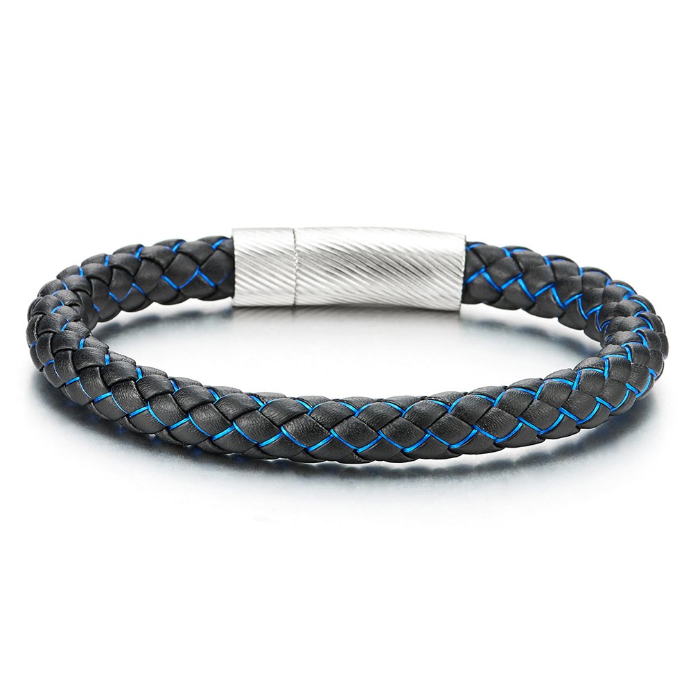 COOLSTEELANDBEYOND Uomo Donna Multi-Fila Blu Navy Intrecciato Cuoio Braccialetto, Pelle Bracciali Avvolgere con Acciaio Chiusura Magnetica