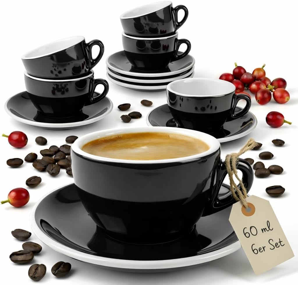 Lot de 6 tasses à expresso avec soucoupes Noir/Blanc, 60 ml Style italien Paroi extra épaisse de 0,8 cm et finition lourde Résistant au lave-vaisselle Tasses à café moka coffret cadeau