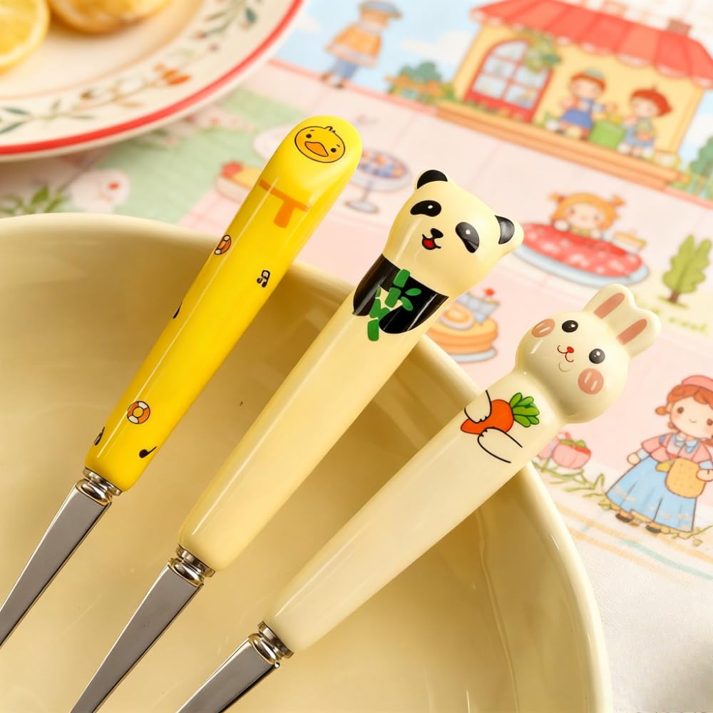Carino Cartone Animato Ceramica Manico Cucina Acciaio Inox Argenteria Stoviglie Posate Set Bistecca Coltello Forchetta Cucchiaio Cucchiaino