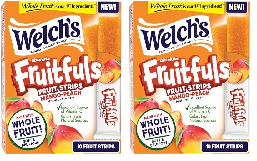 Welch’s Absolute Fruitfuls Fruit Strips, Mango Peach Flavored Fruit Leather, Tasty Dried Fruit Snacks for School Lunches, Mango Peach, 0.5oz (Pack of 20)