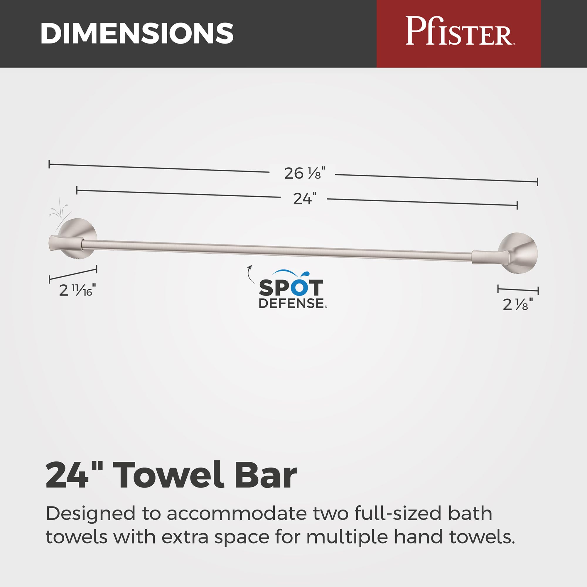 Pfister Willa BTBWLL2GS - Barra portasciugamani da bagno, 61 cm, montaggio a parete, avvitabile, finitura in nichel spazzolato Spot Defense