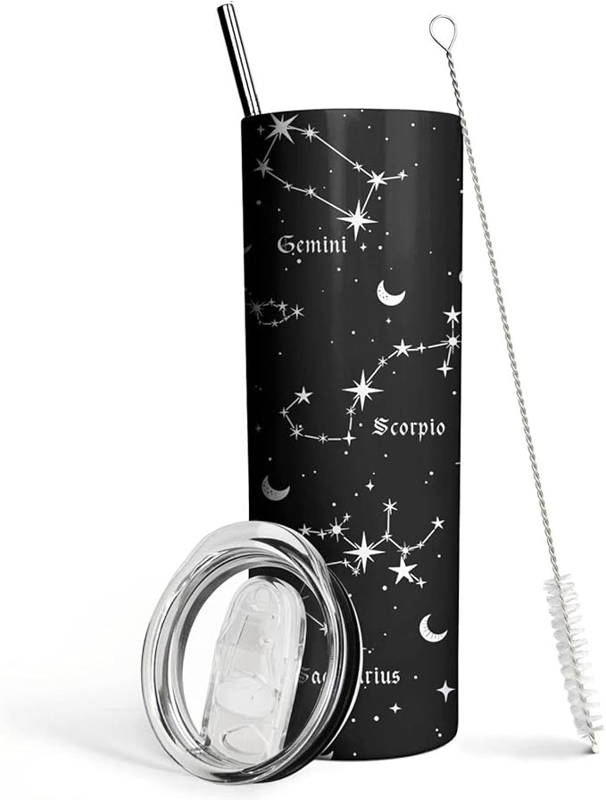 Constellation Tumbler with Lid and Straw, Goth Zodiac Astrology Sign 12 Constellation Insulated Cup Coffee Mug, Birthday Zodiac Gifts for Women Girl, Star Witch Tumbler(Black 20 Oz)