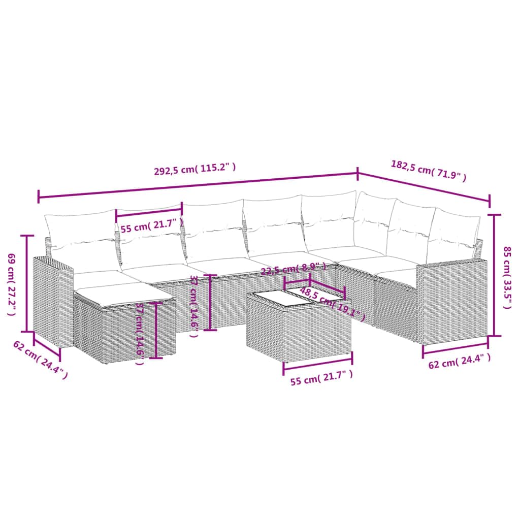 9-TLG Juego de sofá de jardín gris claro, juego de muebles de salón de ratán de poli, diseño modular para terraza, balcón, resistente a los rayos UV, con cojín