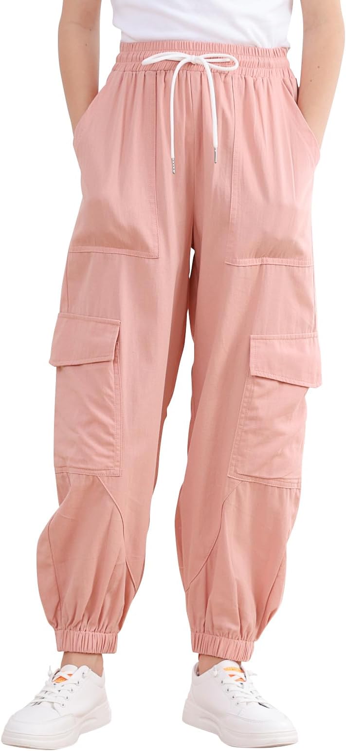 Girls Cargo Pants Elastic Waist Casual Jogger Pants for Girls Streetwear Loose Parachute with Pockets 7-14Years