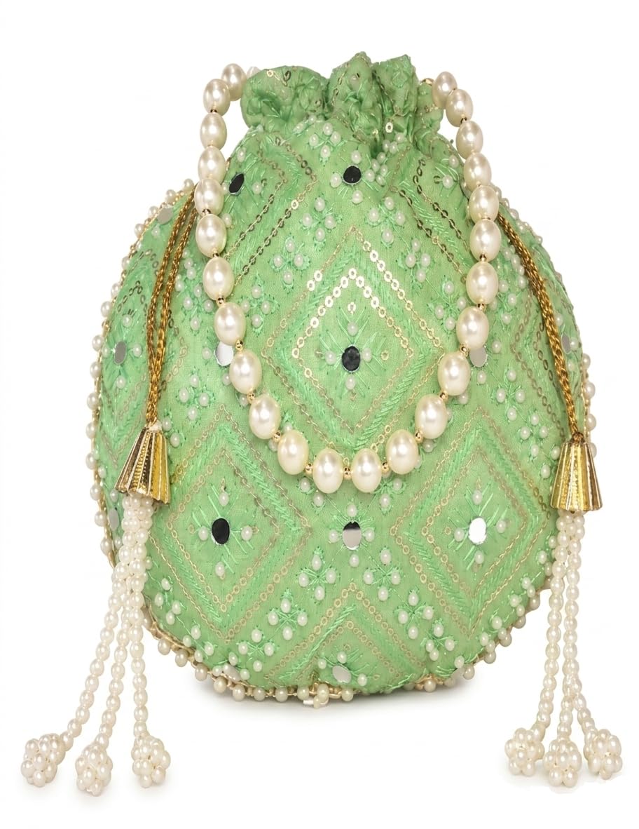 Potli Bag for Women Light green,mirror work, white beads brick design fabric Matka Design Round Ethnic Dress Accessory Handbag 10 inch X 9 inch-image-14