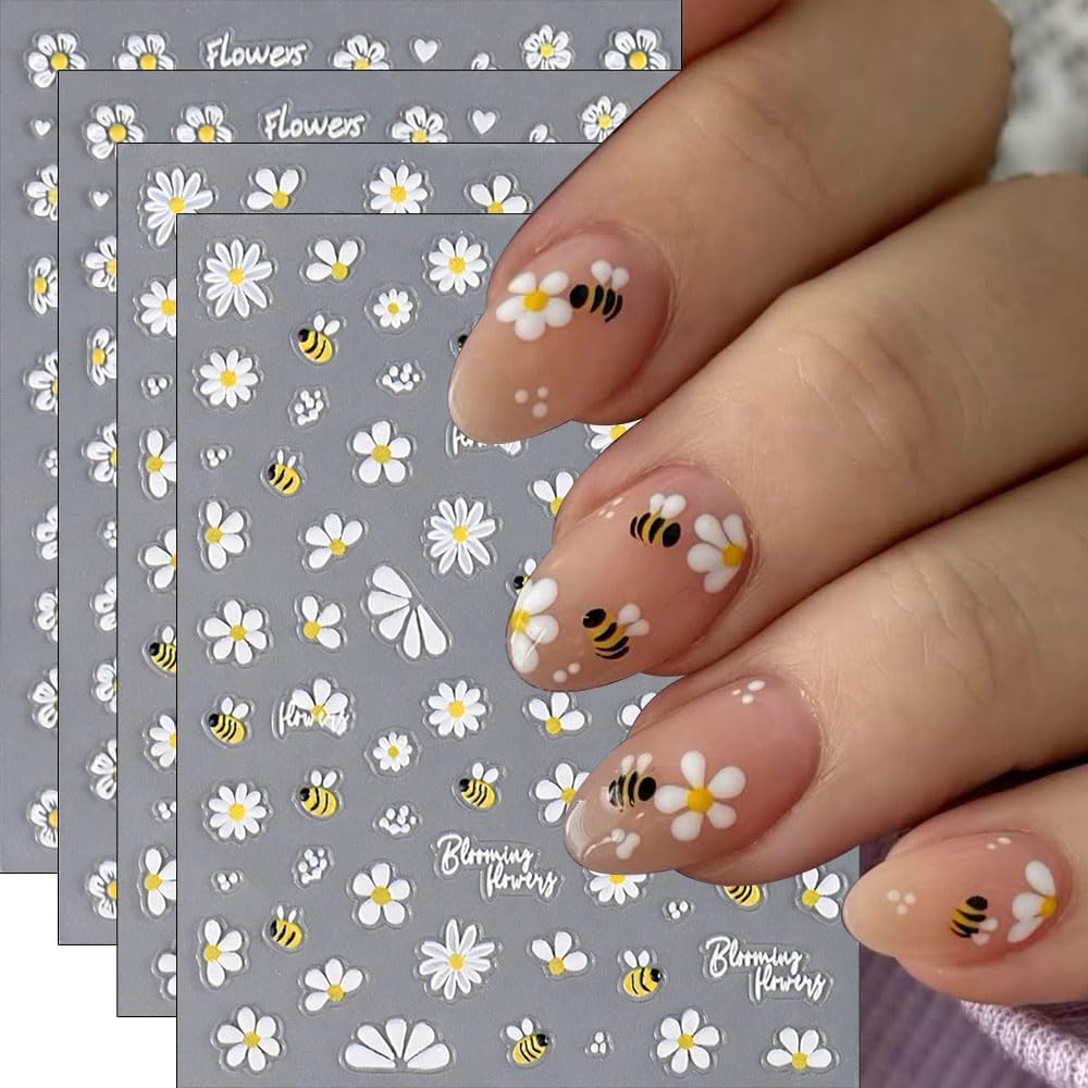 Flower Nail Art Stickers White Daisy Flowers Bees Nail Stickers 3D Embossed Self-Adhesive Nail Decals Floral Nail Art Supplies Designs for Women Spring Summer Manicure Nail Decor 4Pcs