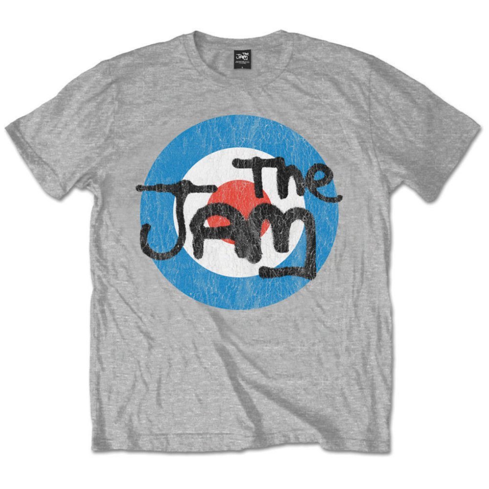 Official Grey T Shirt THE JAM Spray Bullseye VINTAGE Distressed L