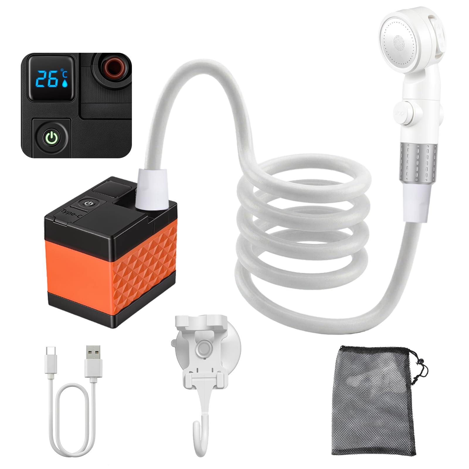 BlissFuse Portable Camping Shower, 1800mAh Rechargeable Camping Shower Pump with Intelligent LED Display, IPX7 Waterproof Outdoor Shower Kit for Travel, Car, Pet, Hiking, Campervan
